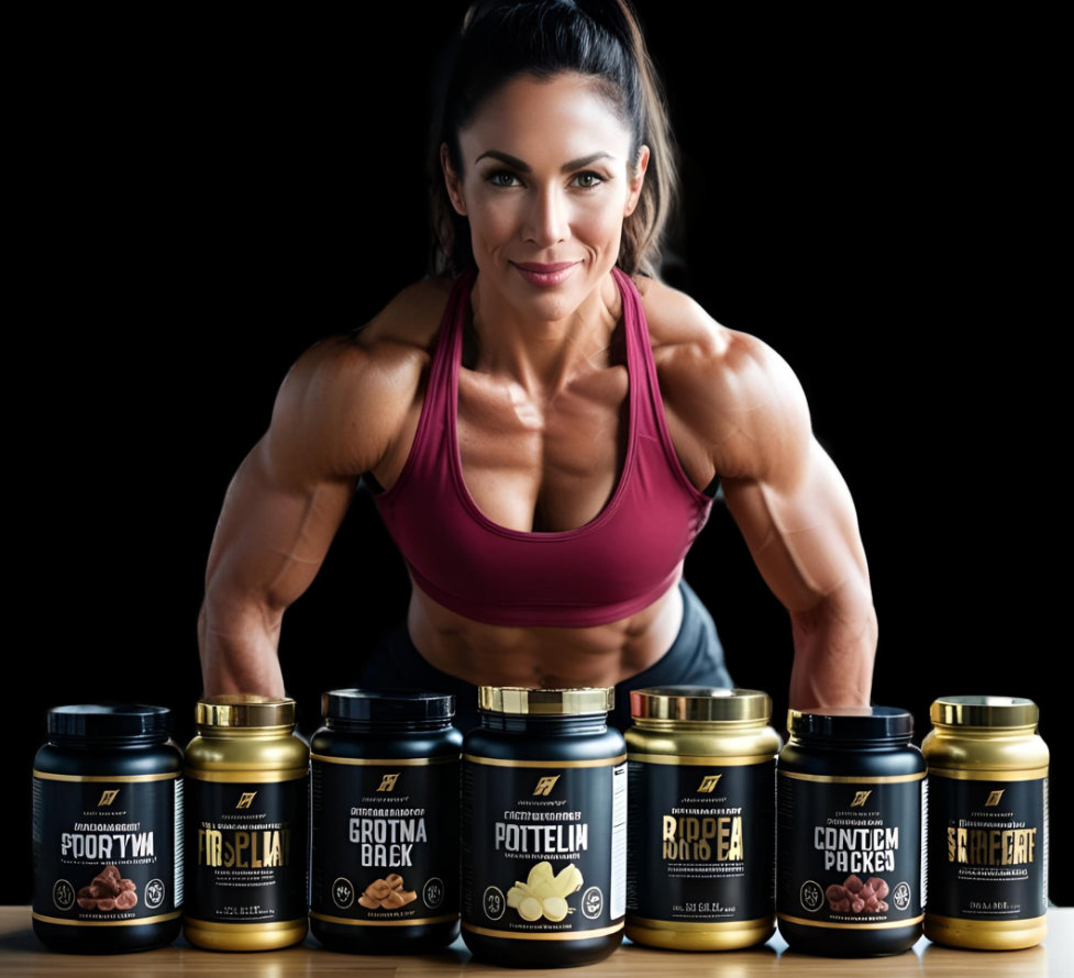 Mujer rodeada de complementos ideales para la nutrición deportiva